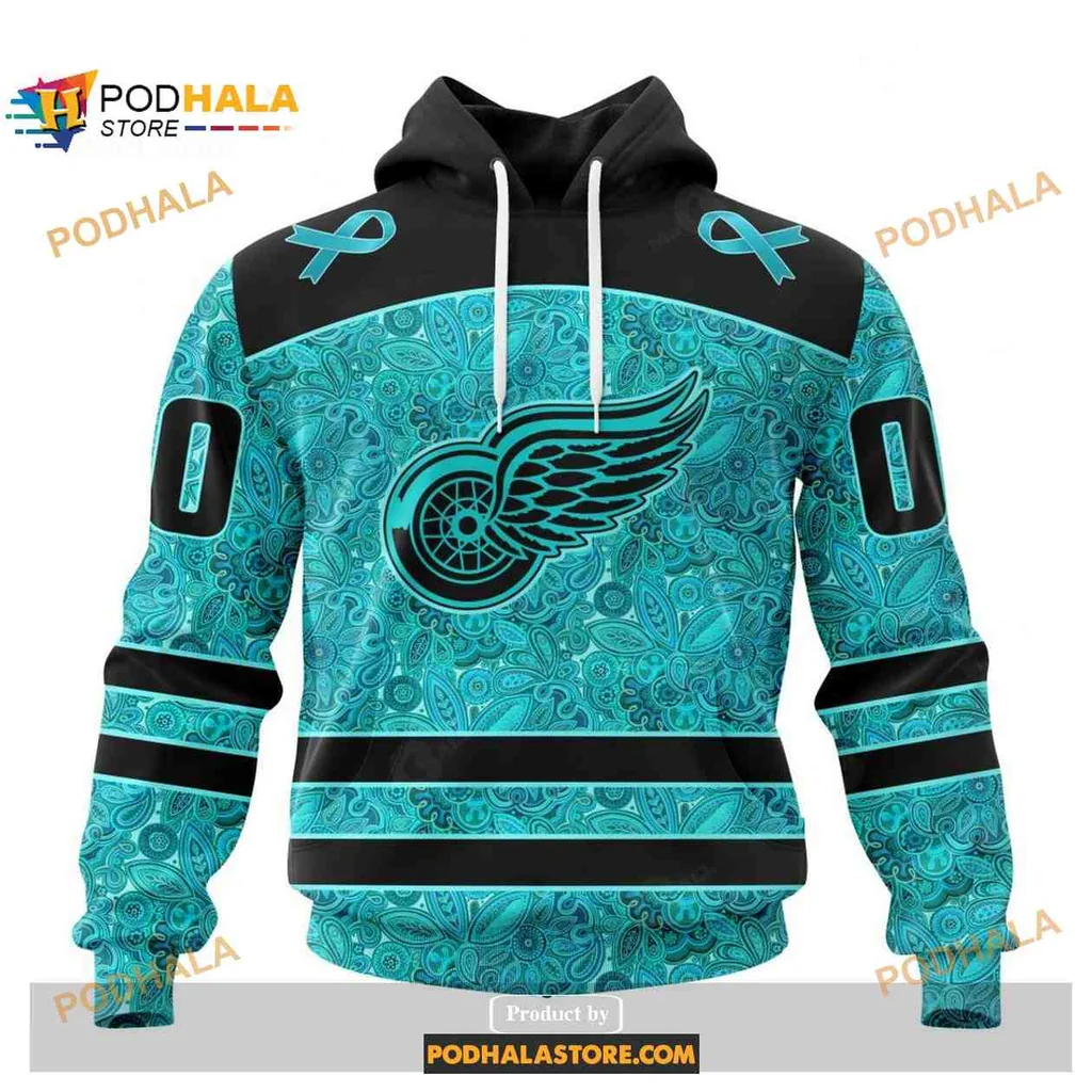 Supportive Detroit Red Wings 3d Hoodie With Teal Ovarian Cancer Ribbons