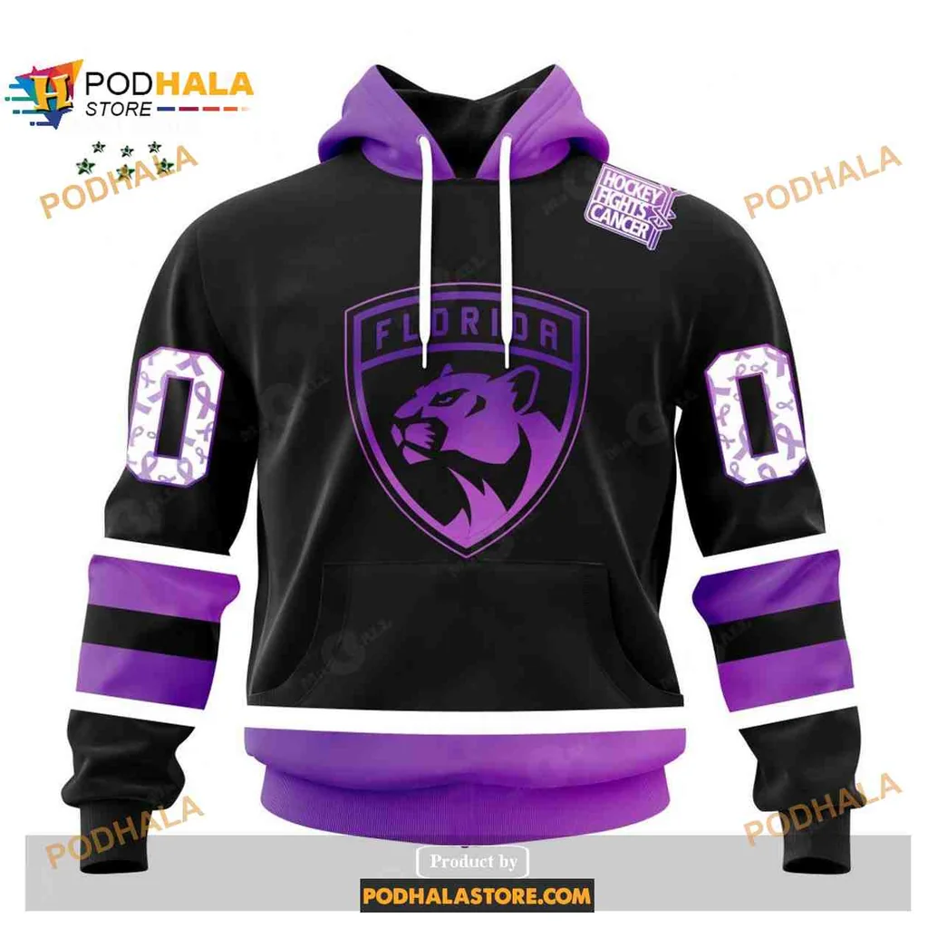 Supportive Florida Panthers 3d Hoodie, Black And Purple Hockey Fights Cancer Design