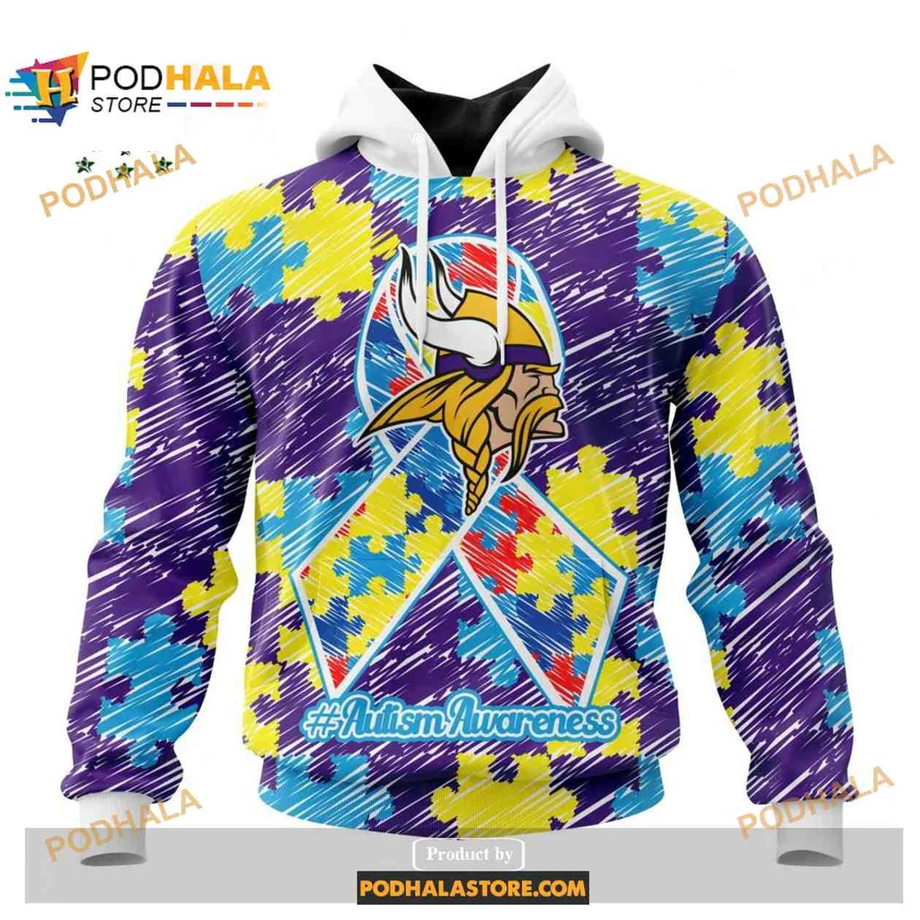 Supportive Minnesota Vikings Autism Awareness 3d Hoodie With Puzzle Design
