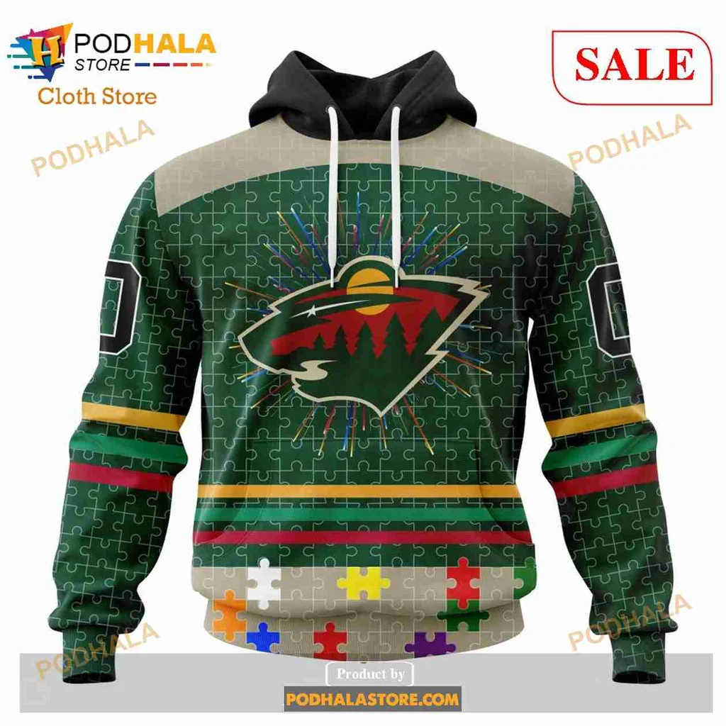 Supportive Minnesota Wild Autism Awareness Hoodie, Colorful Design With Puzzle Pieces