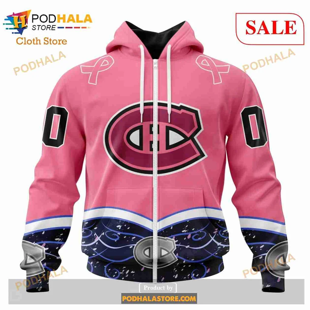 Supportive Montreal Canadiens Cancer Awareness Hoodie, Bold Pink 3d Design - View 1 Supportive Montreal Canadiens Cancer Awareness Hoodie, Bold Pink 3d Design - View 1