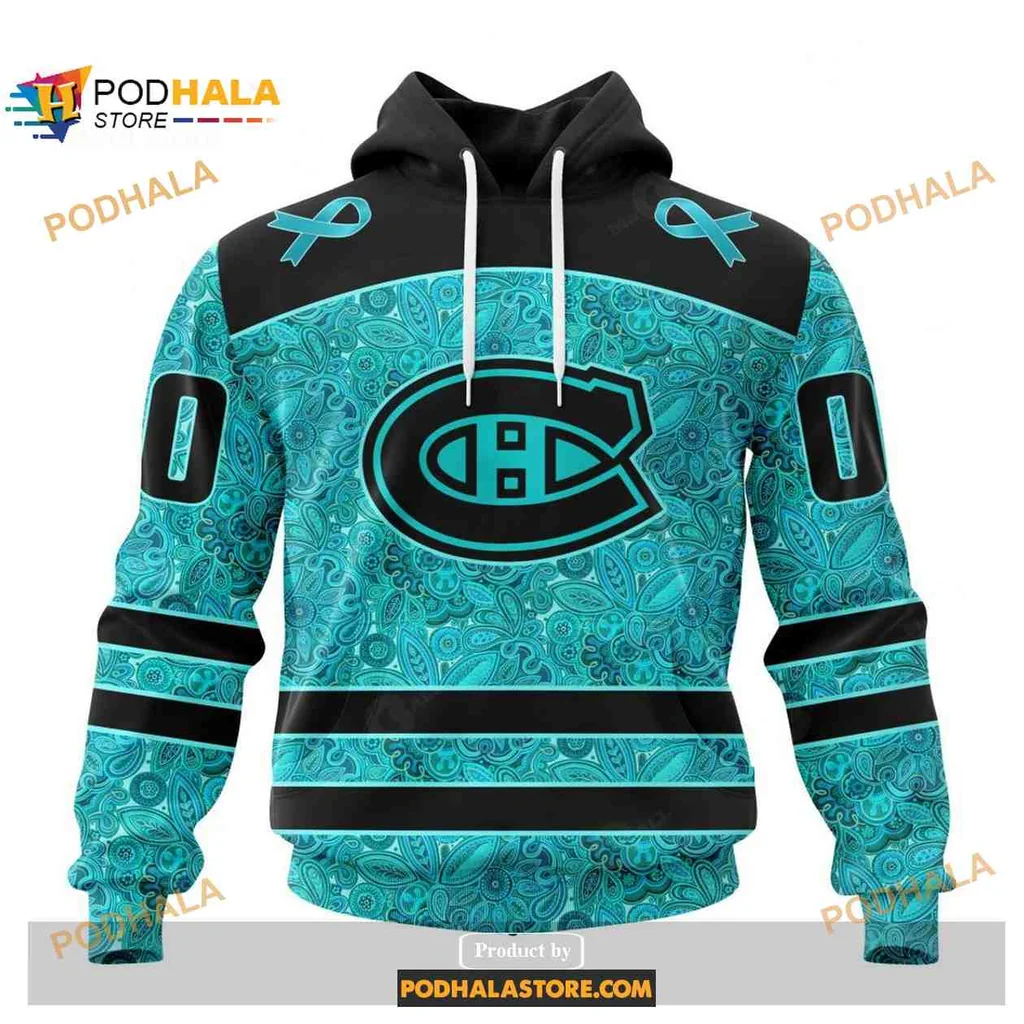 Supportive Montreal Canadiens Cancer Awareness Hoodie With Teal Ribbons