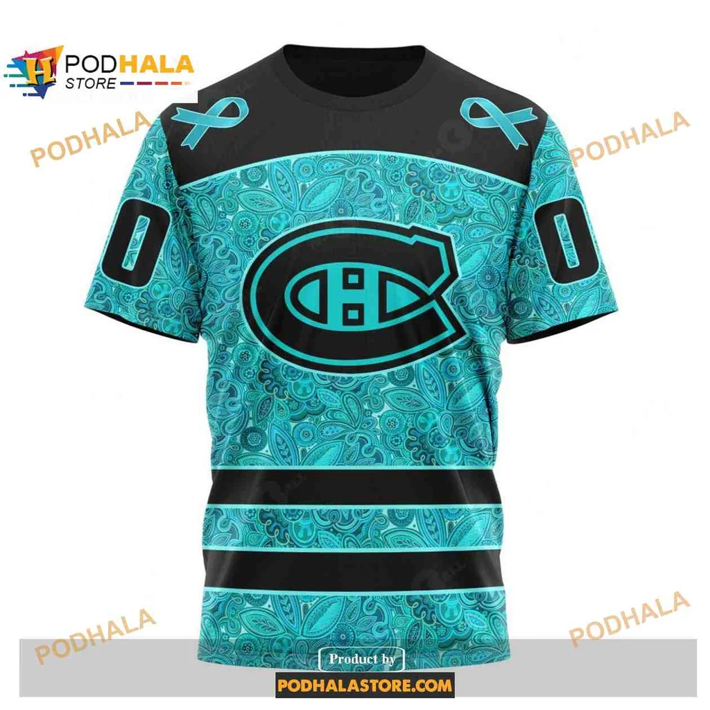Supportive Montreal Canadiens Cancer Awareness Hoodie With Teal Ribbons - View 2 Supportive Montreal Canadiens Cancer Awareness Hoodie With Teal Ribbons - View 2