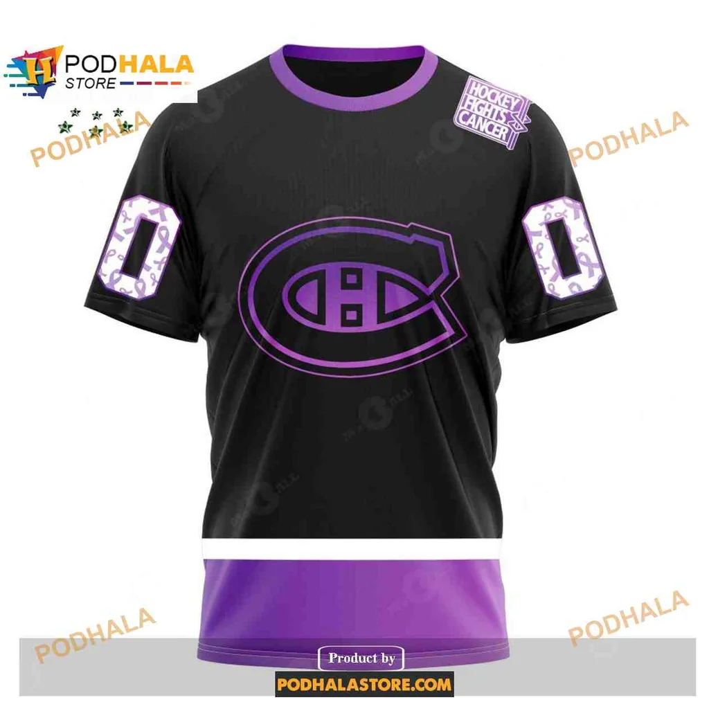 Supportive Montreal Canadiens Cancer Hoodie, 3d Design In Black And Purple - View 2 Supportive Montreal Canadiens Cancer Hoodie, 3d Design In Black And Purple - View 2