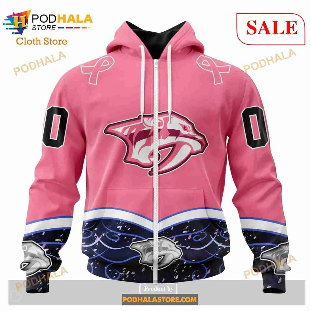 Supportive Nashville Predators Cancer Awareness Hoodie, 3d Design With Pink Ribbons - View 1 Supportive Nashville Predators Cancer Awareness Hoodie, 3d Design With Pink Ribbons - View 1