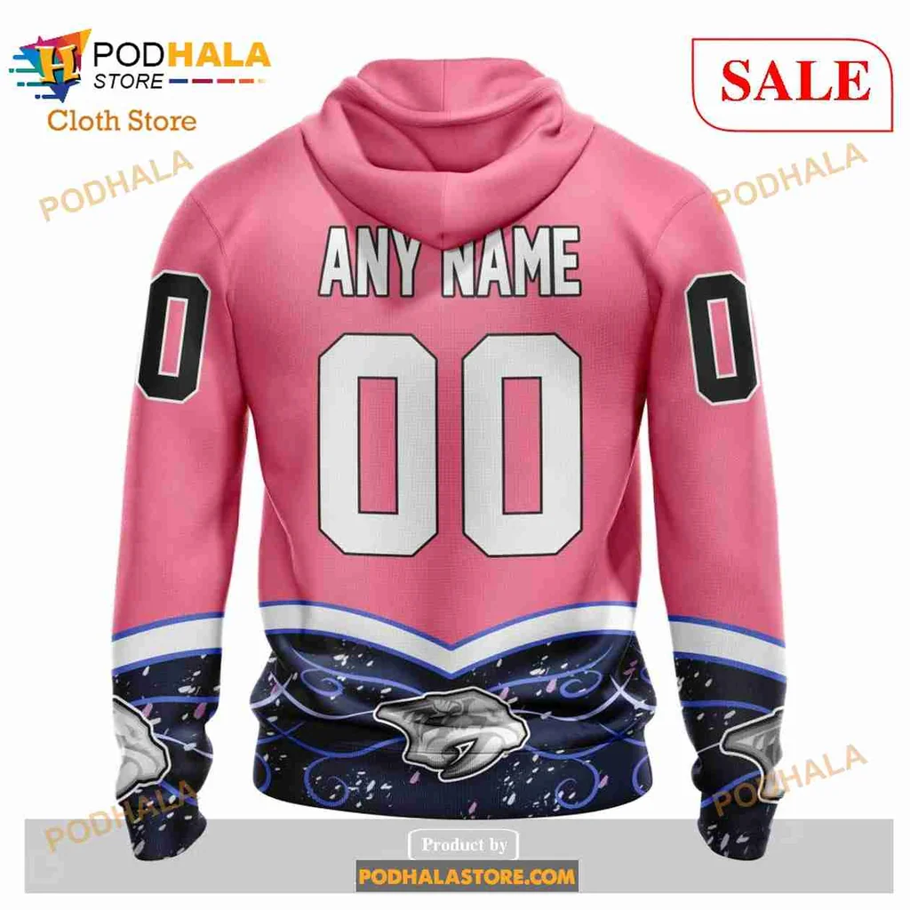 Supportive Nashville Predators Cancer Awareness Hoodie, 3d Design With Pink Ribbons - View 2 Supportive Nashville Predators Cancer Awareness Hoodie, 3d Design With Pink Ribbons - View 2