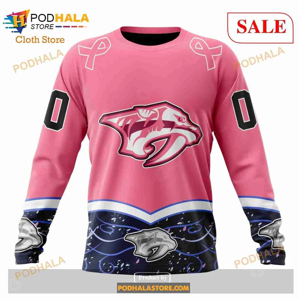 Supportive Nashville Predators Cancer Awareness Hoodie, 3d Design With Pink Ribbons - View 3 Supportive Nashville Predators Cancer Awareness Hoodie, 3d Design With Pink Ribbons - View 3