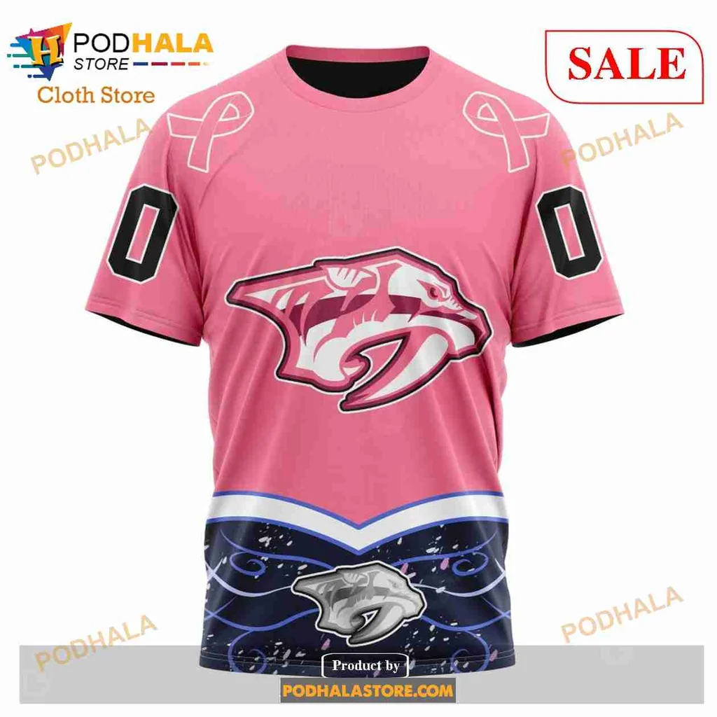 Supportive Nashville Predators Cancer Awareness Hoodie, 3d Design With Pink Ribbons - Product View 6 Supportive Nashville Predators Cancer Awareness Hoodie, 3d Design With Pink Ribbons - Product View 6
