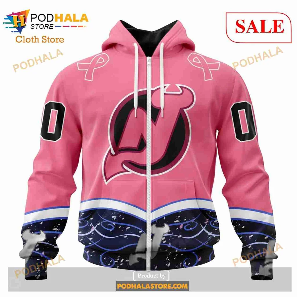 Supportive New Jersey Devils Cancer Hoodie With Pink Ribbon Design - View 1 Supportive New Jersey Devils Cancer Hoodie With Pink Ribbon Design - View 1