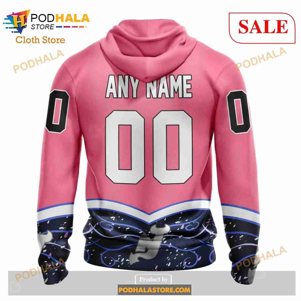 Supportive New Jersey Devils Cancer Hoodie With Pink Ribbon Design - View 2 Supportive New Jersey Devils Cancer Hoodie With Pink Ribbon Design - View 2