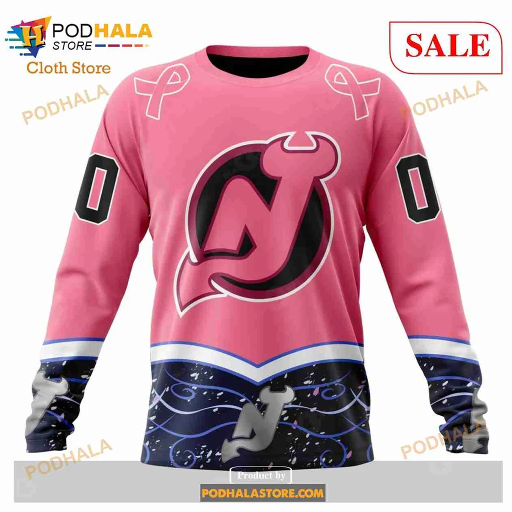 Supportive New Jersey Devils Cancer Hoodie With Pink Ribbon Design - View 3 Supportive New Jersey Devils Cancer Hoodie With Pink Ribbon Design - View 3