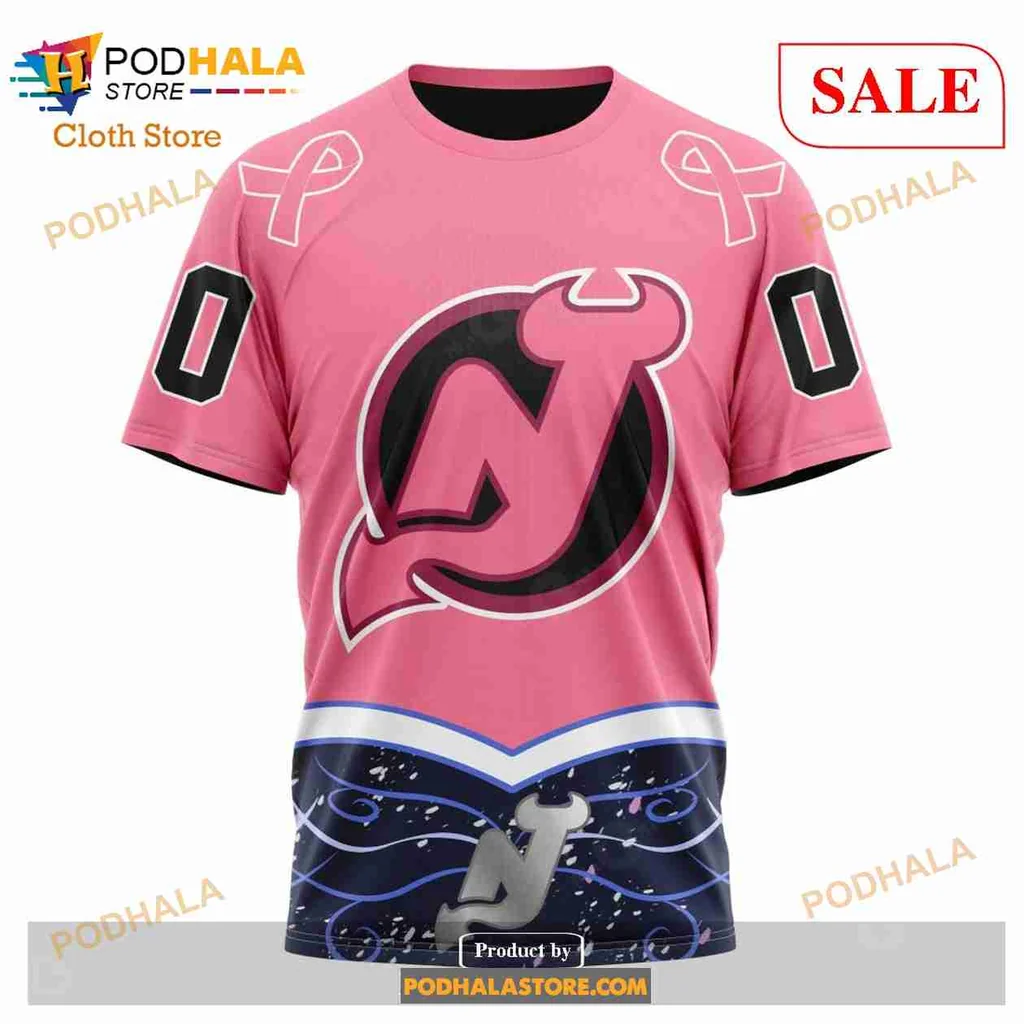 Supportive New Jersey Devils Cancer Hoodie With Pink Ribbon Design - Product View 6 Supportive New Jersey Devils Cancer Hoodie With Pink Ribbon Design - Product View 6