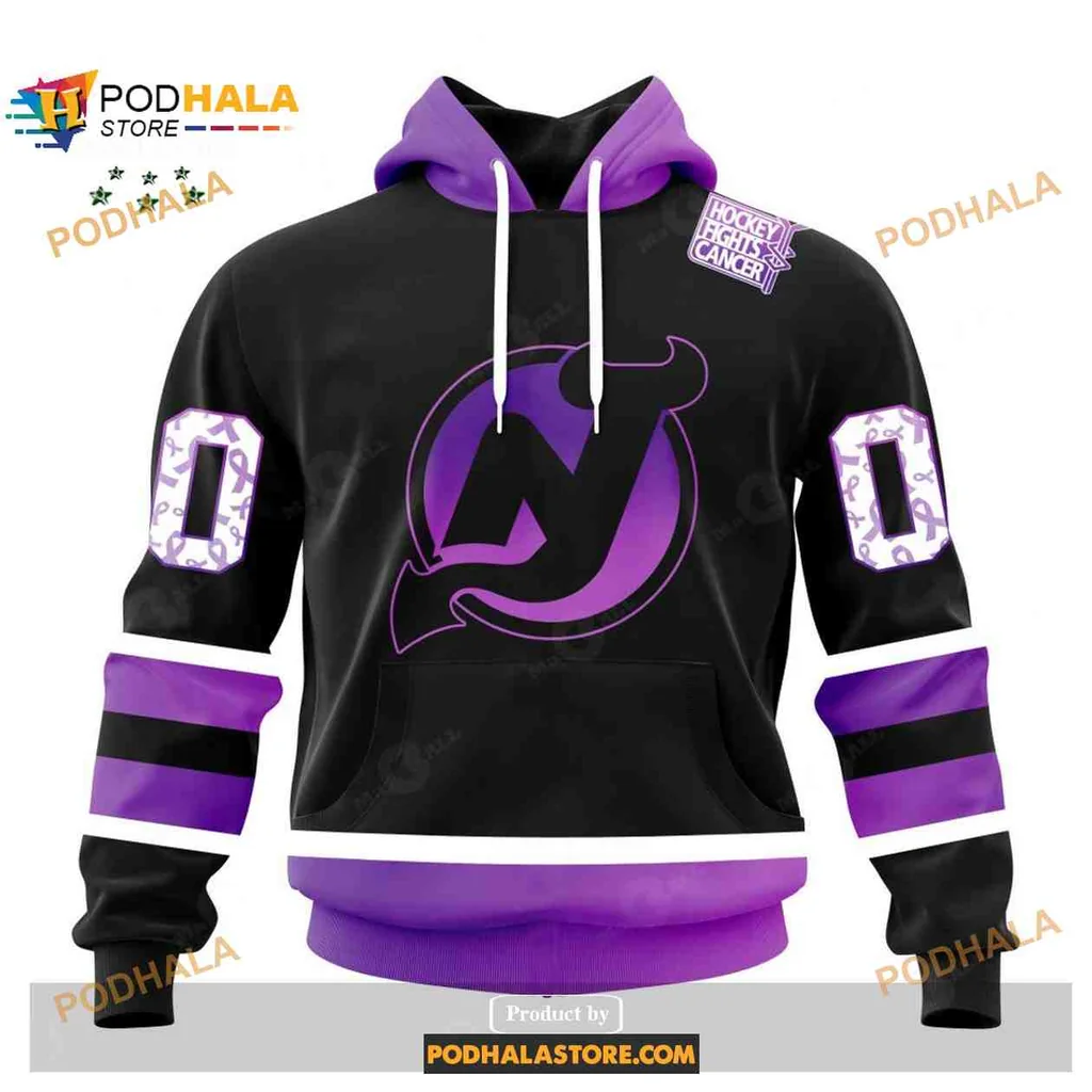 Supportive New Jersey Devils Hockey Hoodie With Bold Cancer Awareness Design