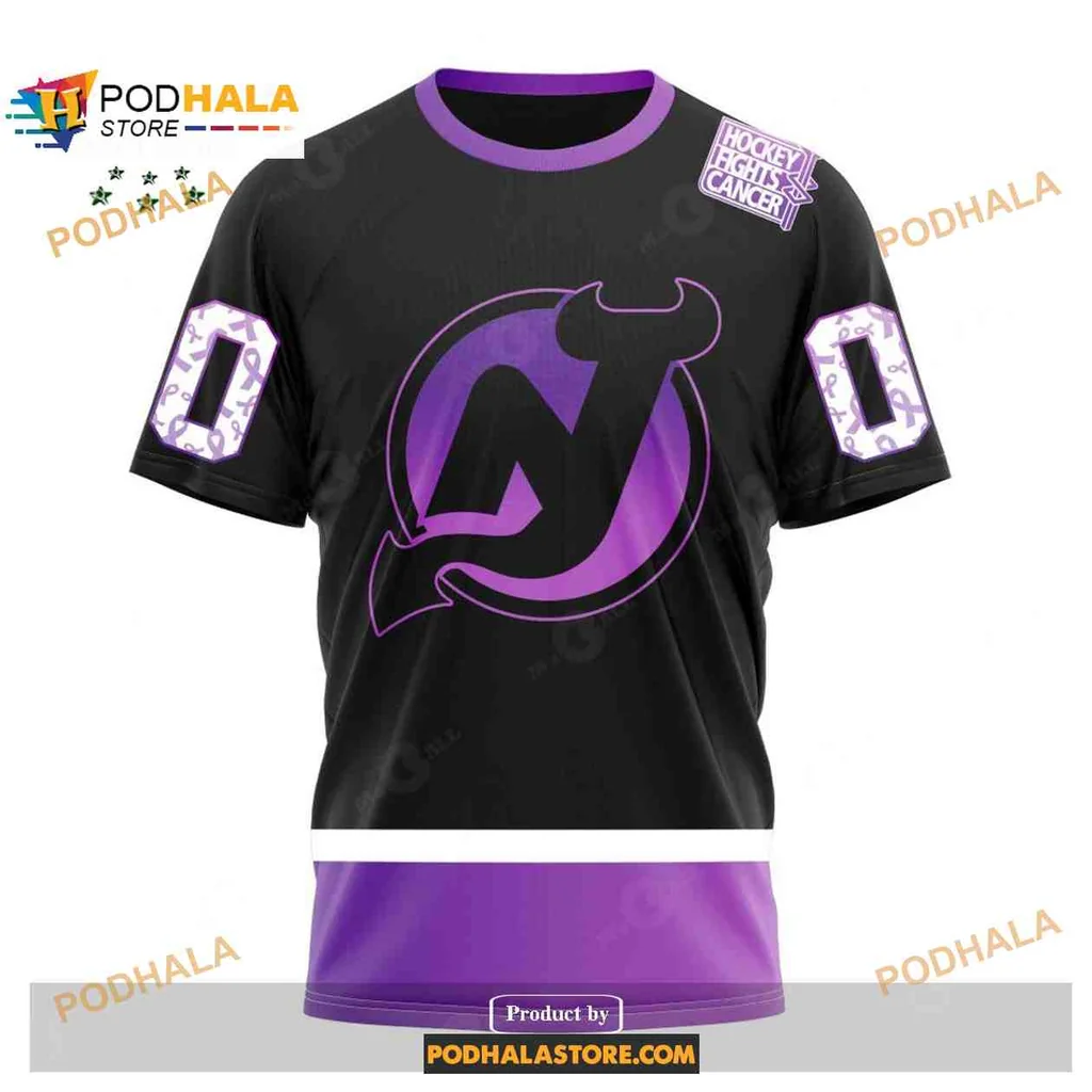 Supportive New Jersey Devils Hockey Hoodie With Bold Cancer Awareness Design - View 2 Supportive New Jersey Devils Hockey Hoodie With Bold Cancer Awareness Design - View 2