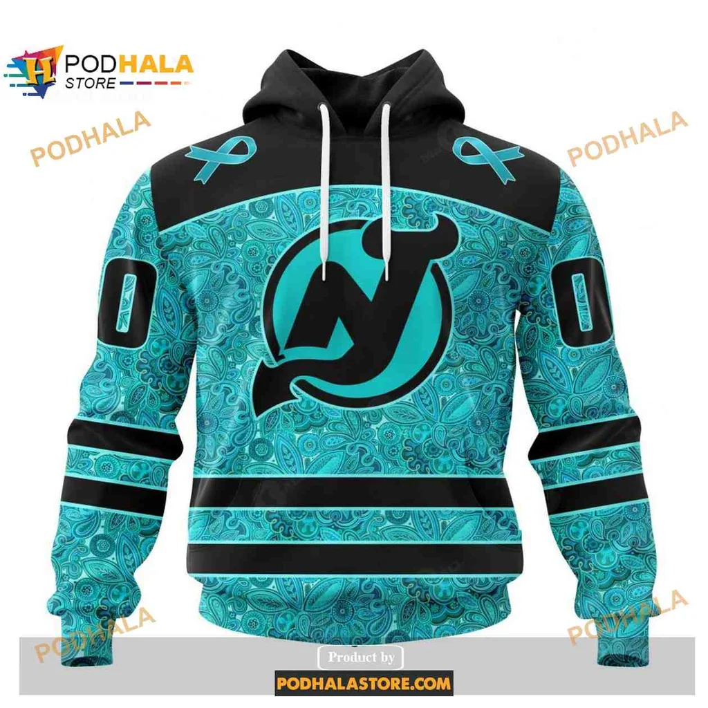Supportive New Jersey Devils Hoodie With Turquoise Ovarian Cancer Design