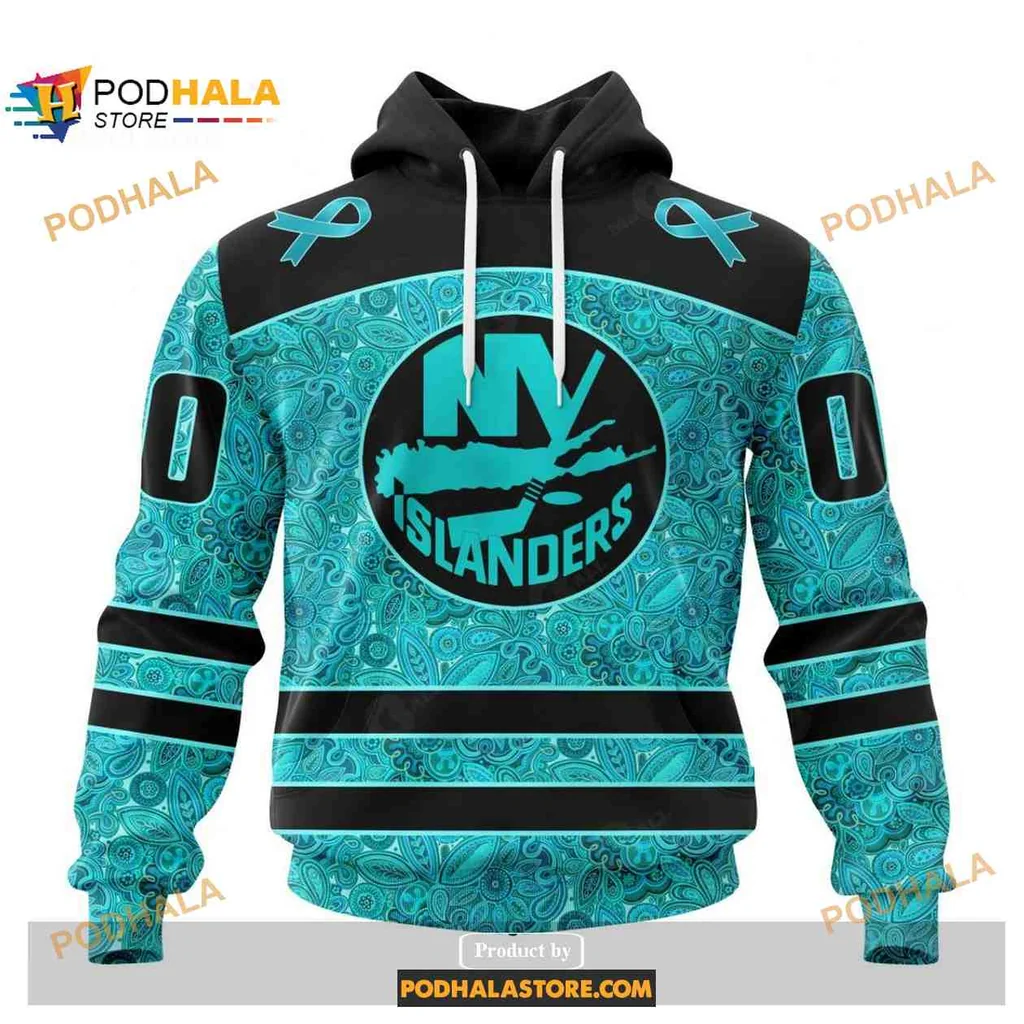 Supportive New York Islanders 3d Hoodie With Teal Ovarian Cancer Design