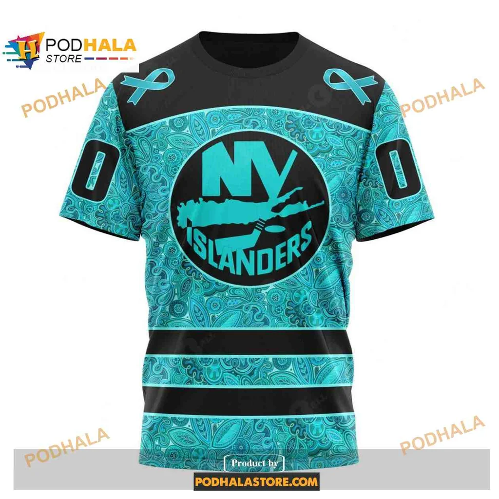 Supportive New York Islanders AOP Hoodie With Teal Ovarian Cancer Design Supportive New York Islanders AOP Hoodie With Teal Ovarian Cancer Design