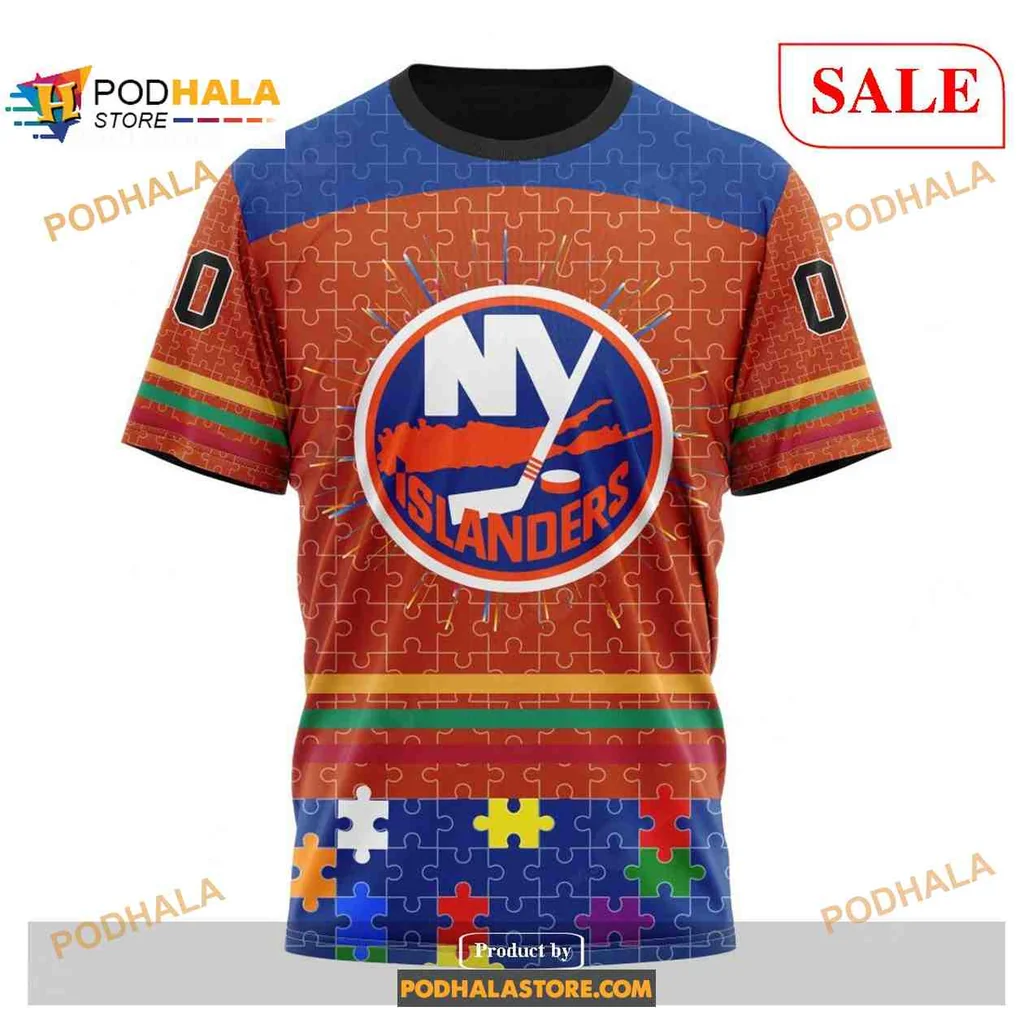 Supportive New York Islanders Autism Hoodie With Vibrant Puzzle Design - View 2 Supportive New York Islanders Autism Hoodie With Vibrant Puzzle Design - View 2