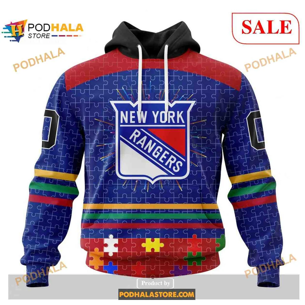 Supportive New York Rangers Autism Hoodie With Colorful Puzzle Piece Design