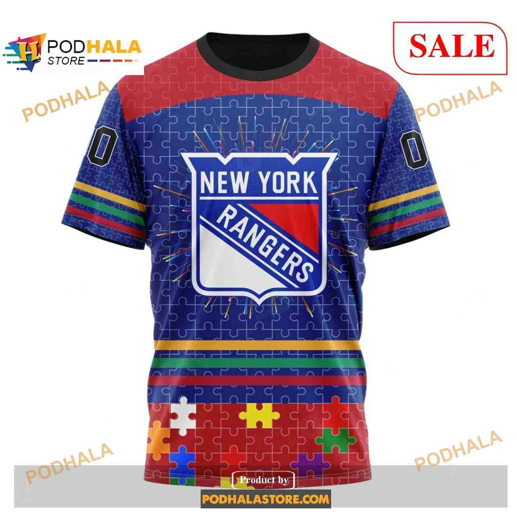 Supportive New York Rangers Autism Hoodie With Colorful Puzzle Piece Design - View 2 Supportive New York Rangers Autism Hoodie With Colorful Puzzle Piece Design - View 2