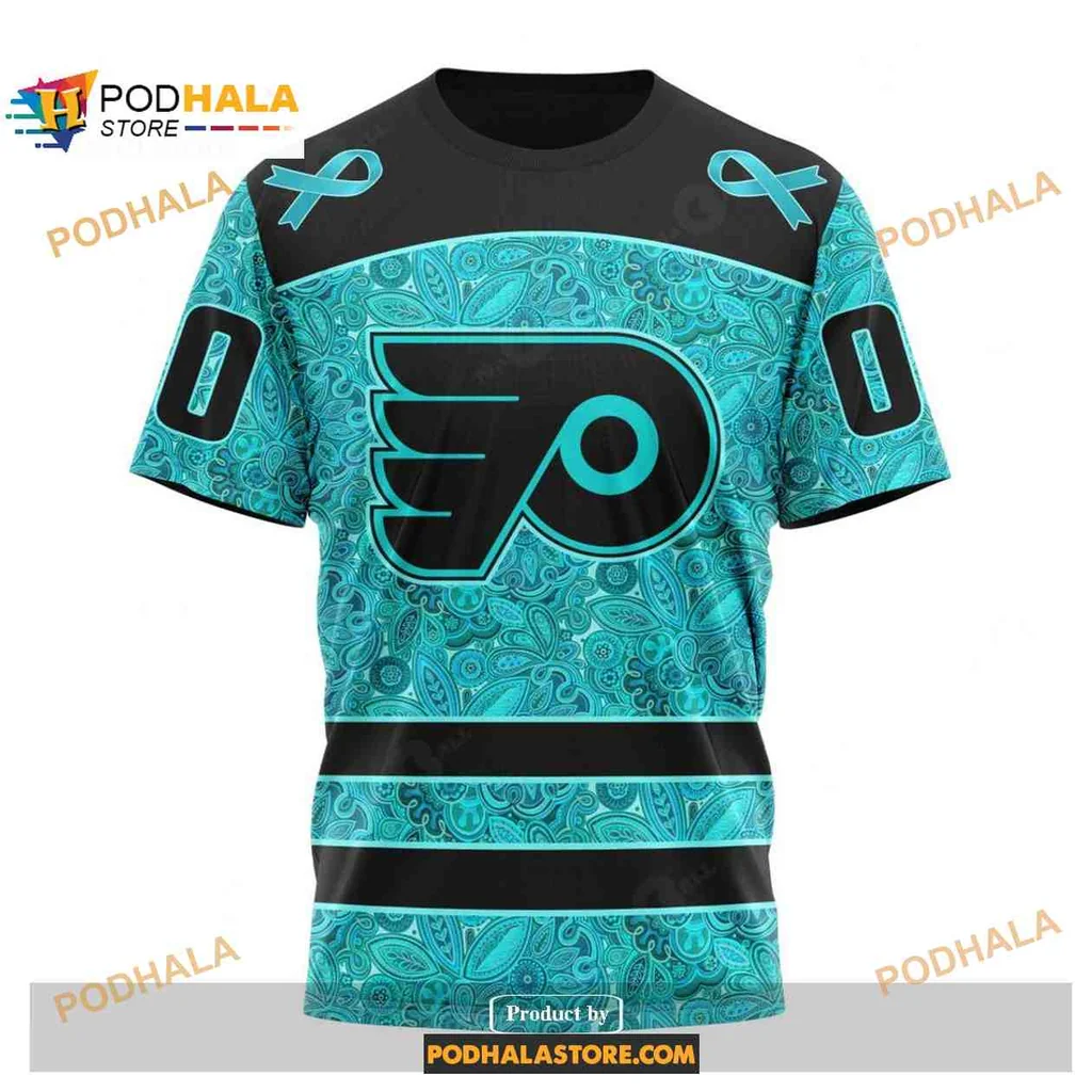 Supportive Philadelphia Flyers Ovarian Cancer AOP Hoodie With Turquoise Paisley Design Supportive Philadelphia Flyers Ovarian Cancer AOP Hoodie With Turquoise Paisley Design