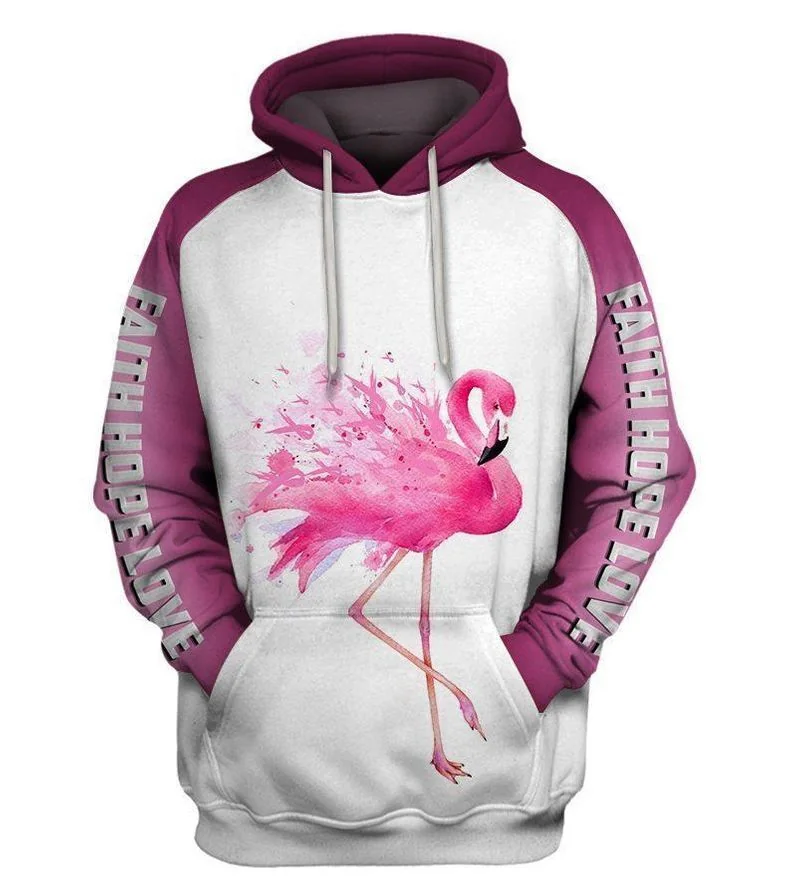 Supportive Pink Flamingo 3d Hoodie With Faith Hope Love Design
