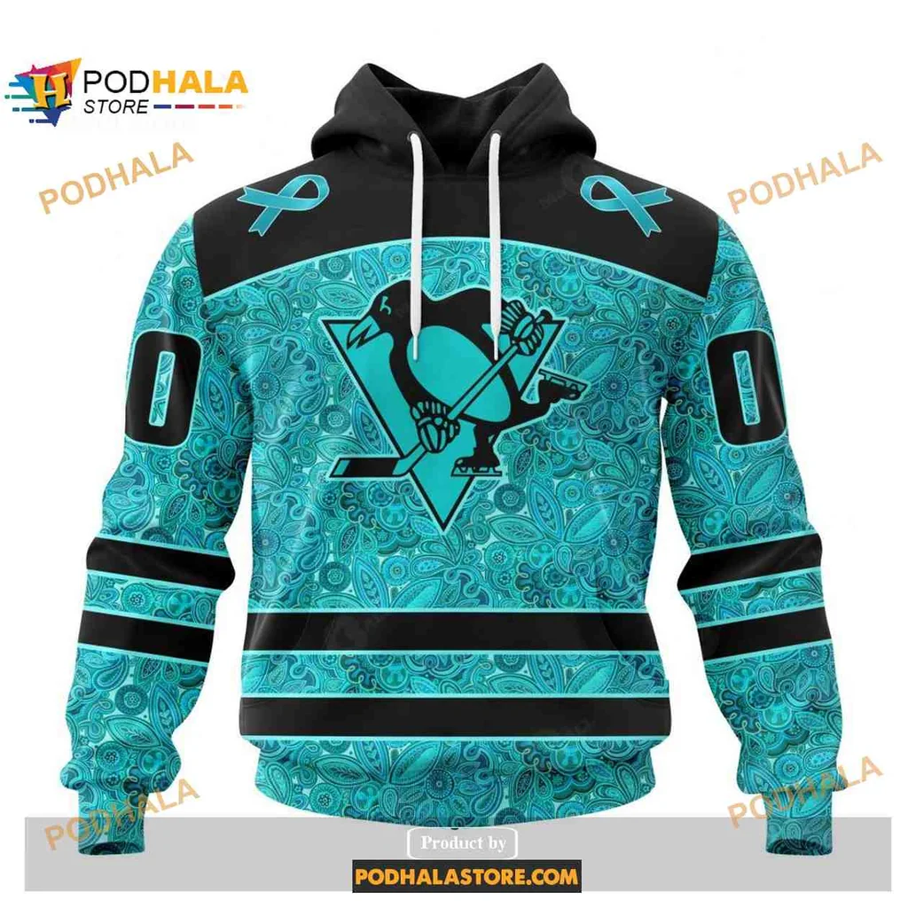 Supportive Pittsburgh Penguins 3d Hoodie With Teal Ovarian Cancer Ribbons