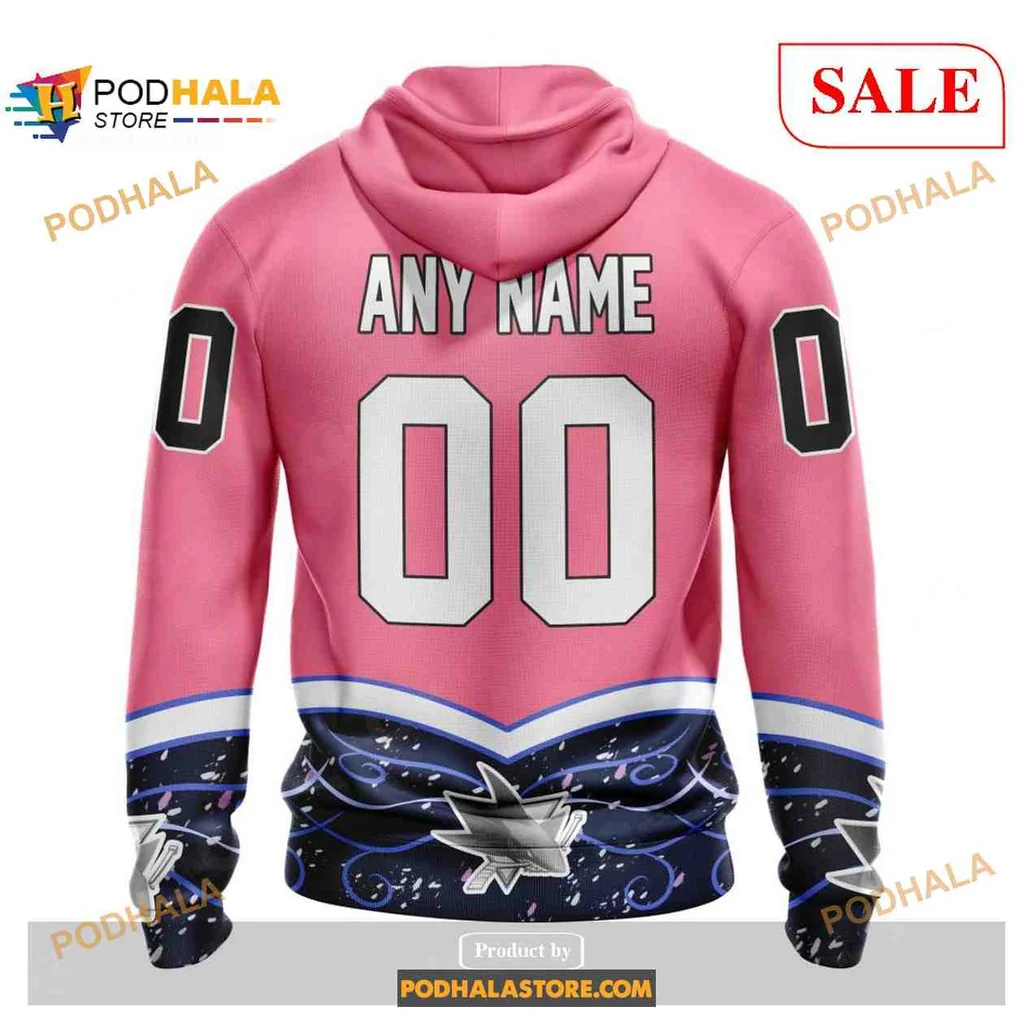 Supportive San Jose Sharks Cancer Hoodie With Pink Base And Logo - View 1 Supportive San Jose Sharks Cancer Hoodie With Pink Base And Logo - View 1