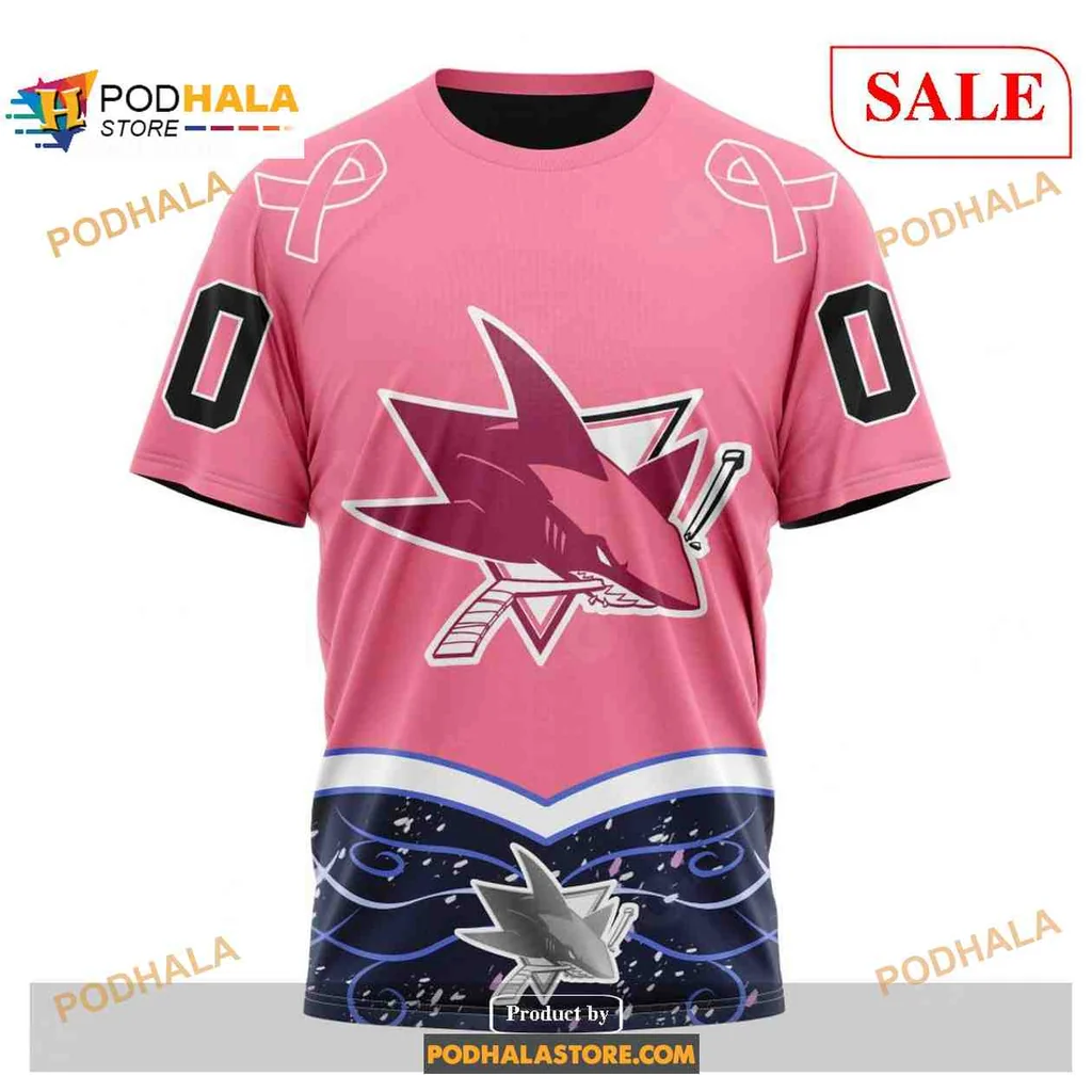 Supportive San Jose Sharks Cancer Hoodie With Pink Base And Logo - View 2 Supportive San Jose Sharks Cancer Hoodie With Pink Base And Logo - View 2