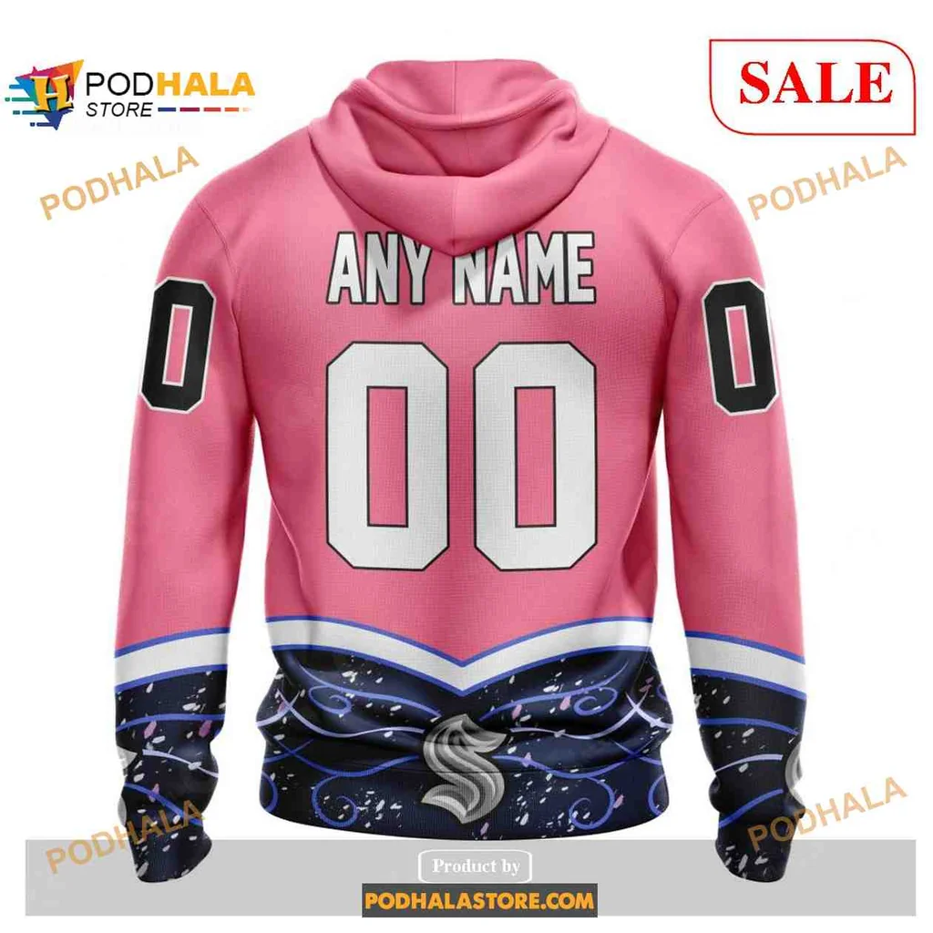 Supportive Seattle Kraken Cancer Hoodie With Pink Ribbons And Wave Design - View 1 Supportive Seattle Kraken Cancer Hoodie With Pink Ribbons And Wave Design - View 1