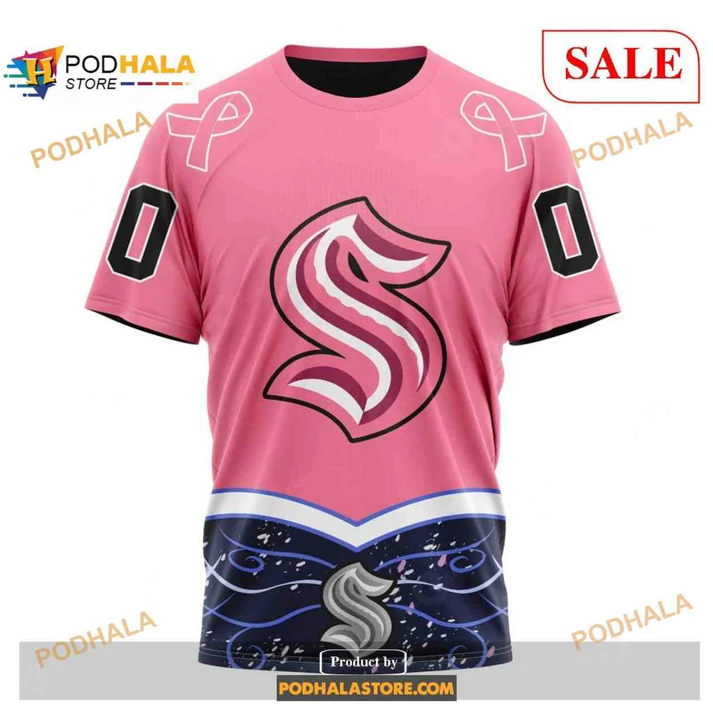 Supportive Seattle Kraken Cancer Hoodie With Pink Ribbons And Wave Design - View 2 Supportive Seattle Kraken Cancer Hoodie With Pink Ribbons And Wave Design - View 2