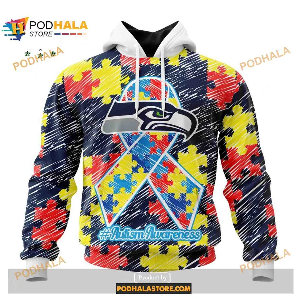 Supportive Seattle Seahawks Autism Awareness 3d Hoodie With Colorful Puzzle Design
