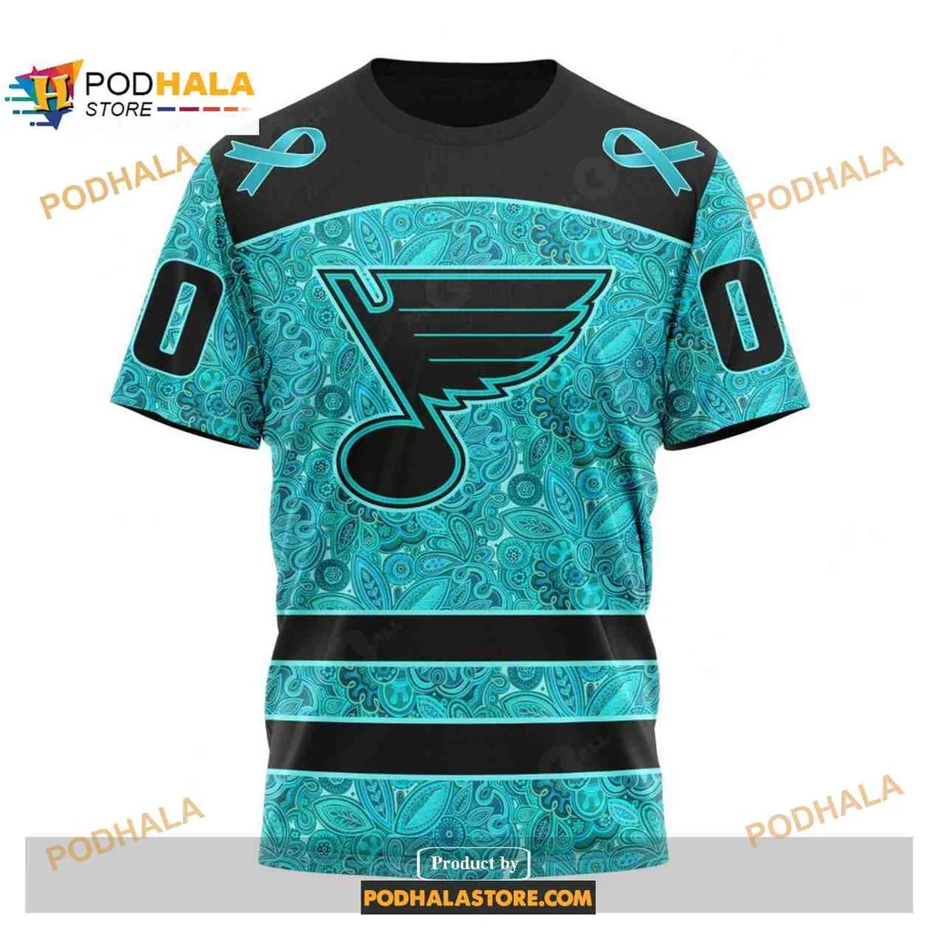 Supportive St Louis Blues Cancer Awareness All Over Print Hoodie With Teal Ribbons Supportive St Louis Blues Cancer Awareness All Over Print Hoodie With Teal Ribbons
