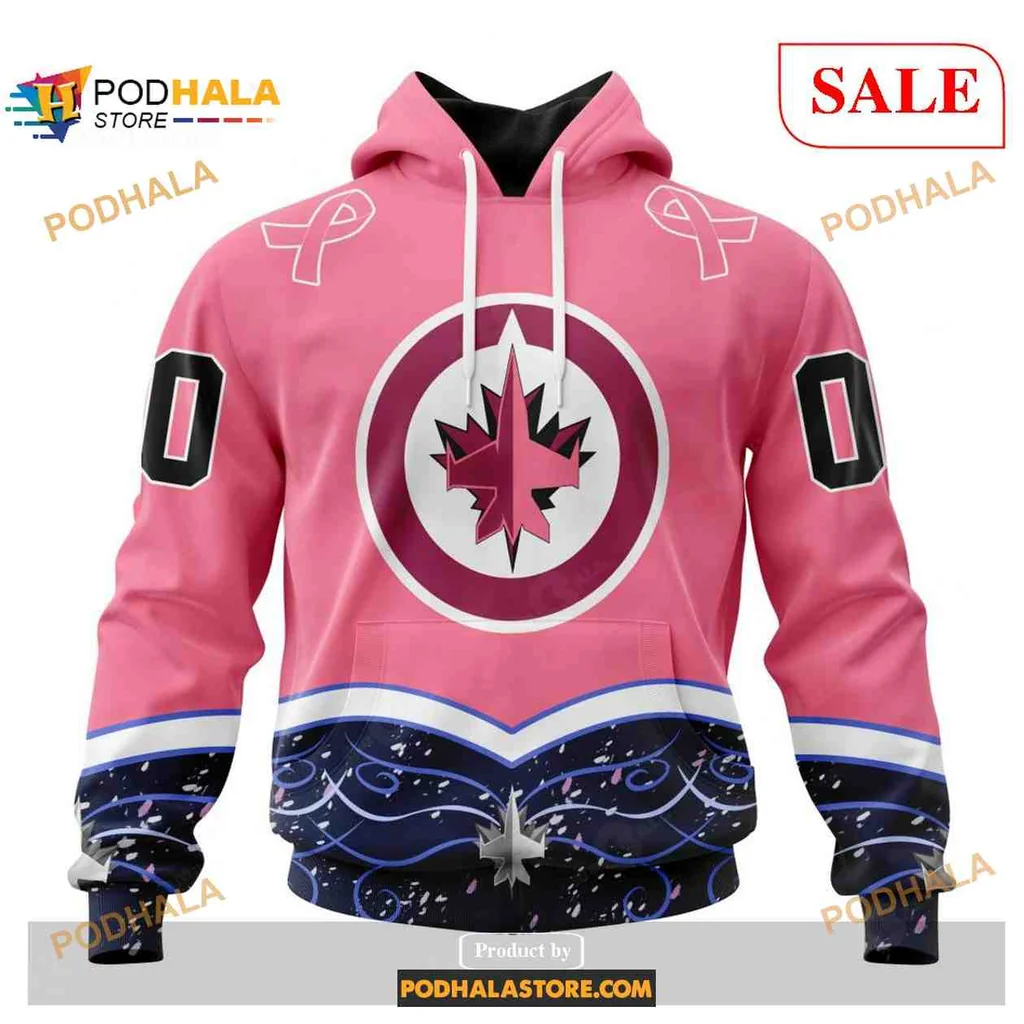 Supportive Winnipeg Jets Cancer Awareness Hoodie With Bold Logo Design