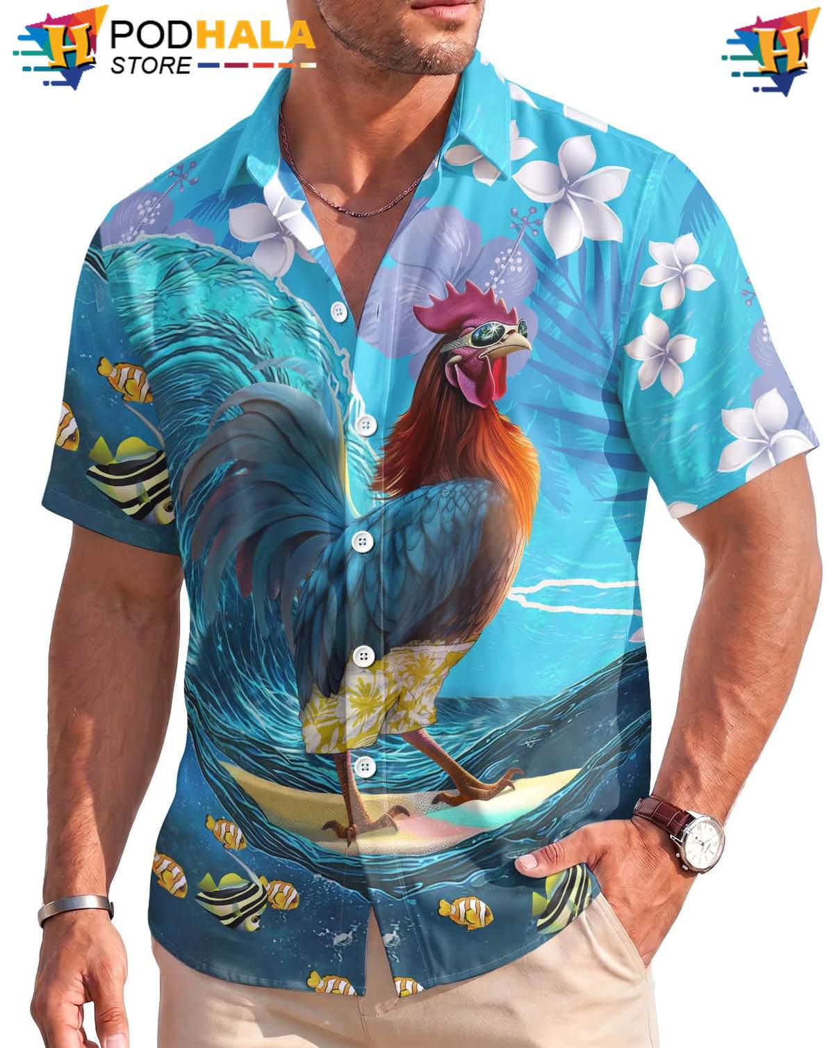 Surfing Chicken Aloha Shirt Mens Button Down Lightweight Beach Resort Outfit
