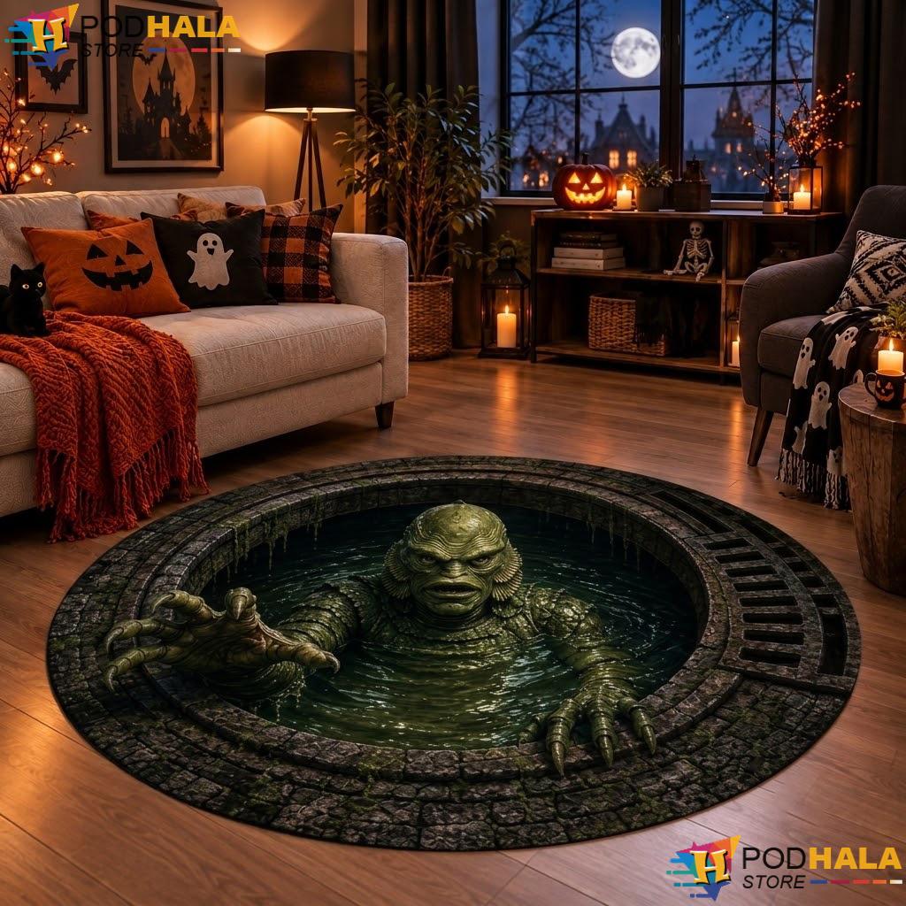 Swamp Creature Lagoon Halloween Round Area Rug 3D Horror Gothic Decor