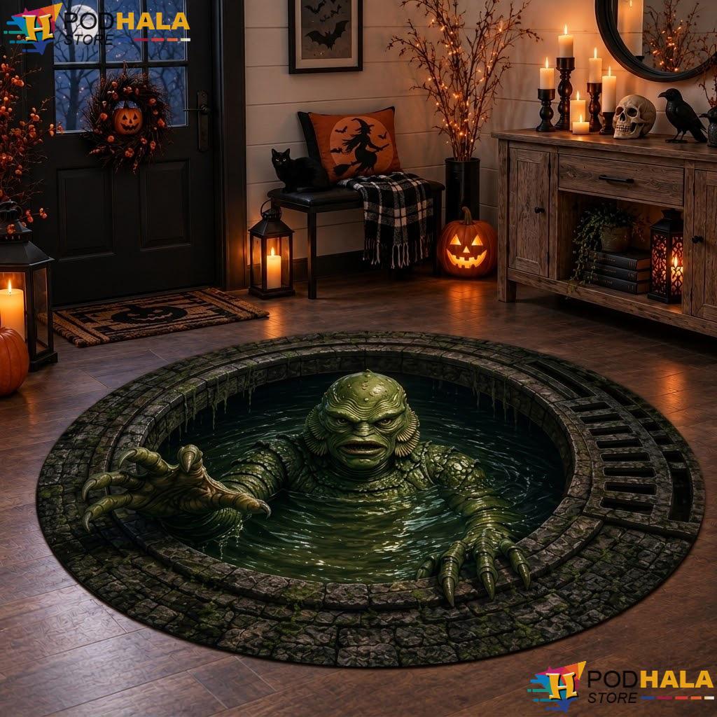 Swamp Creature Lagoon Halloween Round Area Rug 3D Horror Gothic Decor - View 1 Swamp Creature Lagoon Halloween Round Area Rug 3D Horror Gothic Decor - View 1