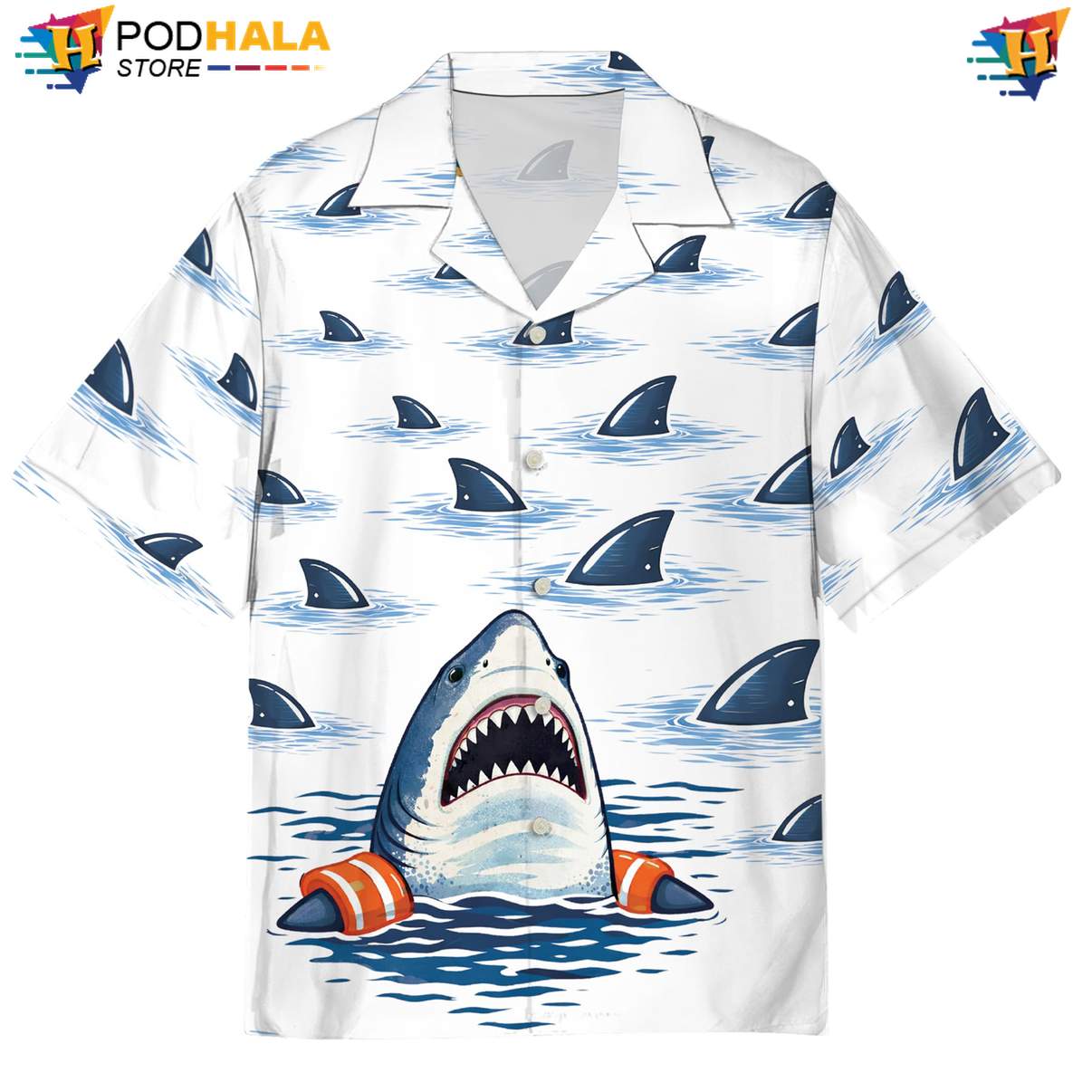 Swimming Shark Hawaiian Shirt Mens Tropical Beach Button Down Vacation Top