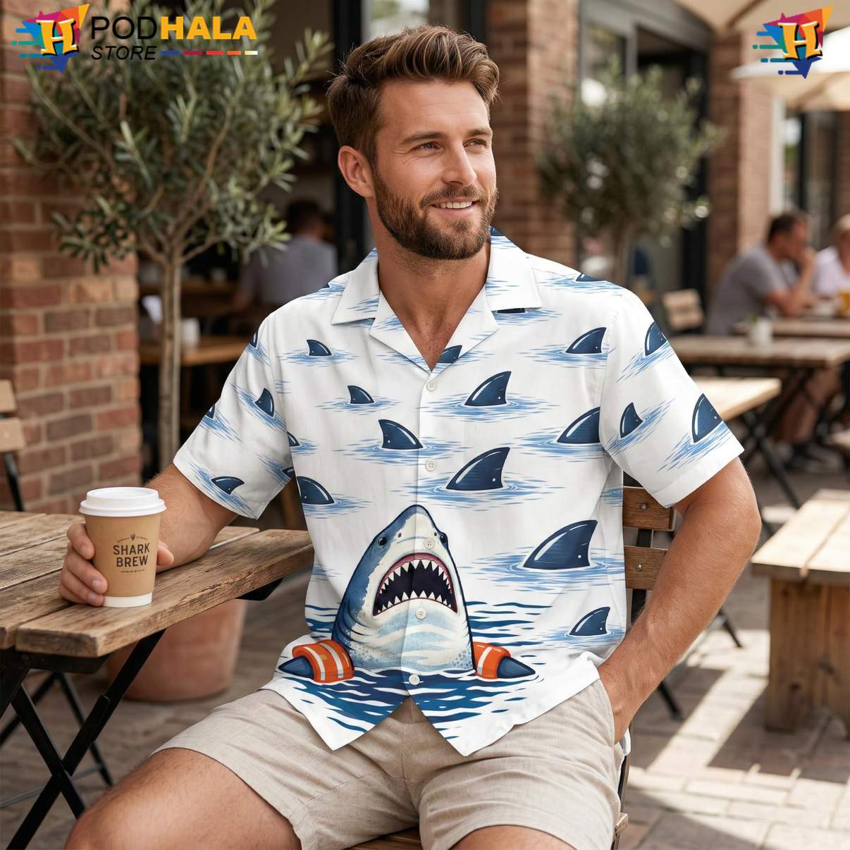 Swimming Shark Aloha Shirt Mens Tropical Beach Button Down Vacation Top Swimming Shark Aloha Shirt Mens Tropical Beach Button Down Vacation Top
