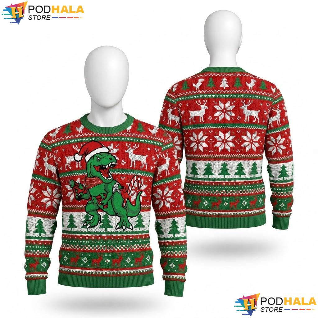 T Rex Dinosaur Santa Hat Sweater Funny Festive Candy Cane Christmas Top