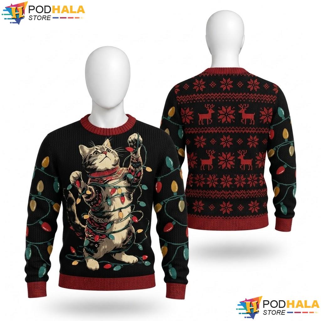 Tabby Cat Christmas Lights Sweater Funny Kitten Winter Holiday Top