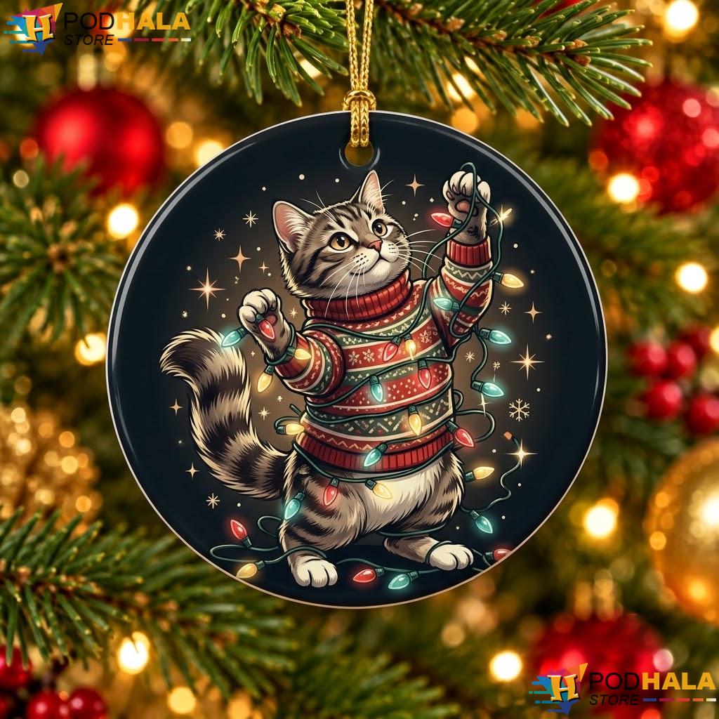 Tabby Cat Lights Christmas Ornament Funny Kitten Winter Holiday Decor