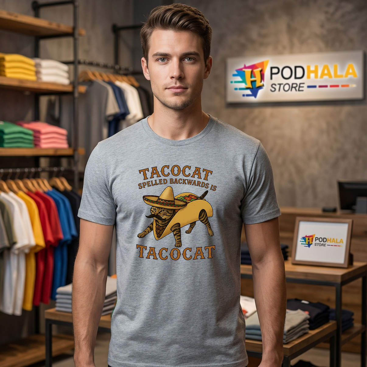 Tacocat Spelled Backwards Funny Shirt Cat Lover Meme Humor Graphic Casual