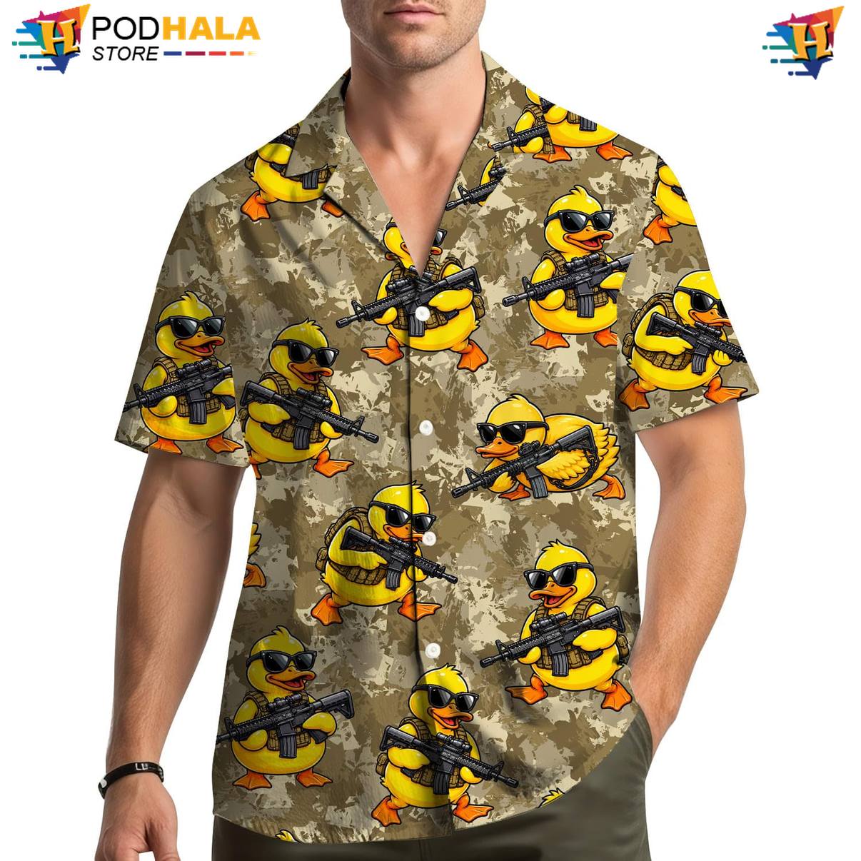 Tactical Duck Fire Aloha Shirt Mens Novelty Vacation Cruise Apparel Outfit