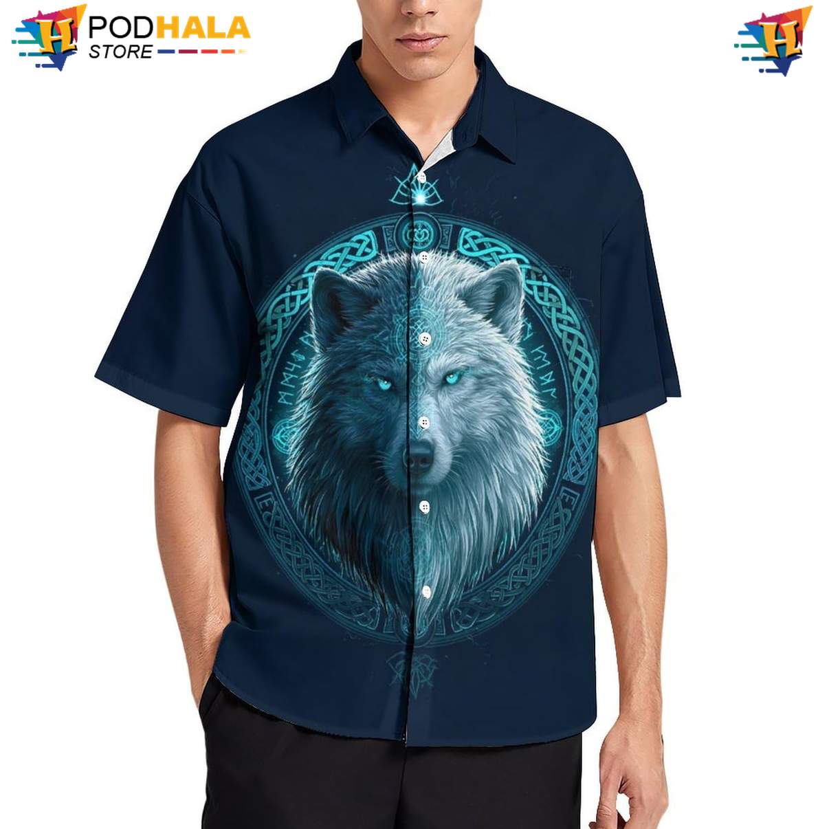 Teal Rune Wolf Aloha Shirt Mens Cool Print Casual Graphic Beachwear Outfit