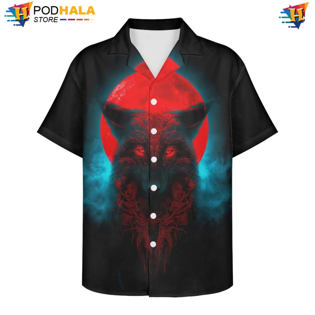 Teal Smoke Wolf Aloha Shirt Mens Sun Galaxy Moon Print Casual Vacation Top