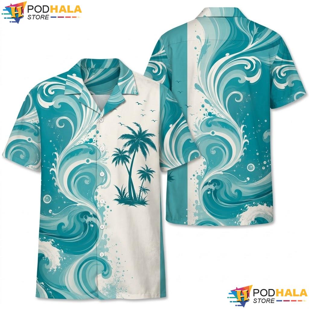 Teal White Palm Tree Hawaiian Shirt Ocean Wave Graphic Summer Beachwear