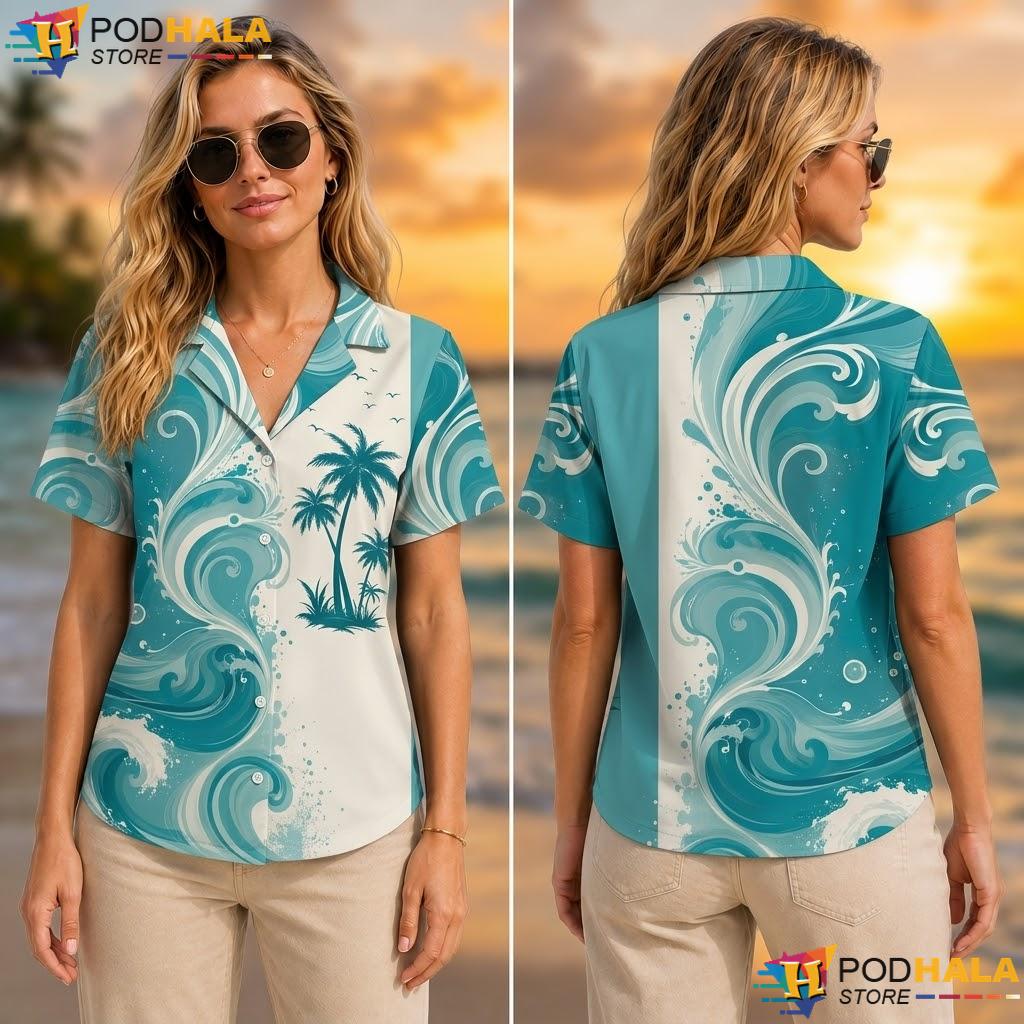 Teal White Palm Tree Aloha Shirt Ocean Wave Graphic Summer Beachwear Teal White Palm Tree Aloha Shirt Ocean Wave Graphic Summer Beachwear