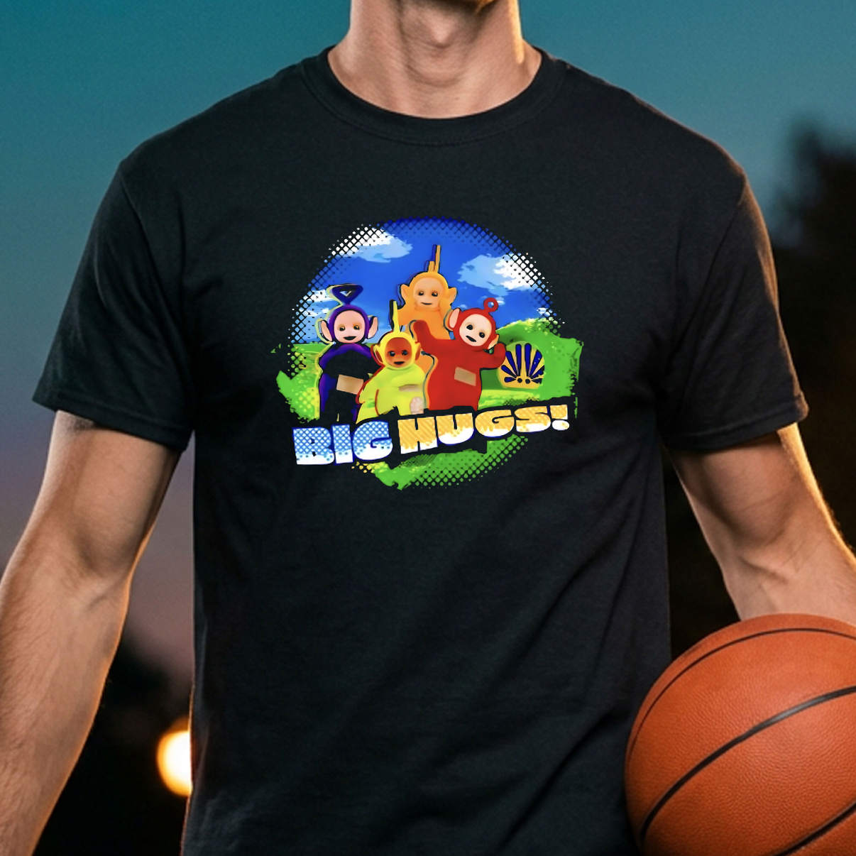 Teletubbies Big Hugs Scene Shirt Outdoor Characters Graphic Retro Casual Mens
