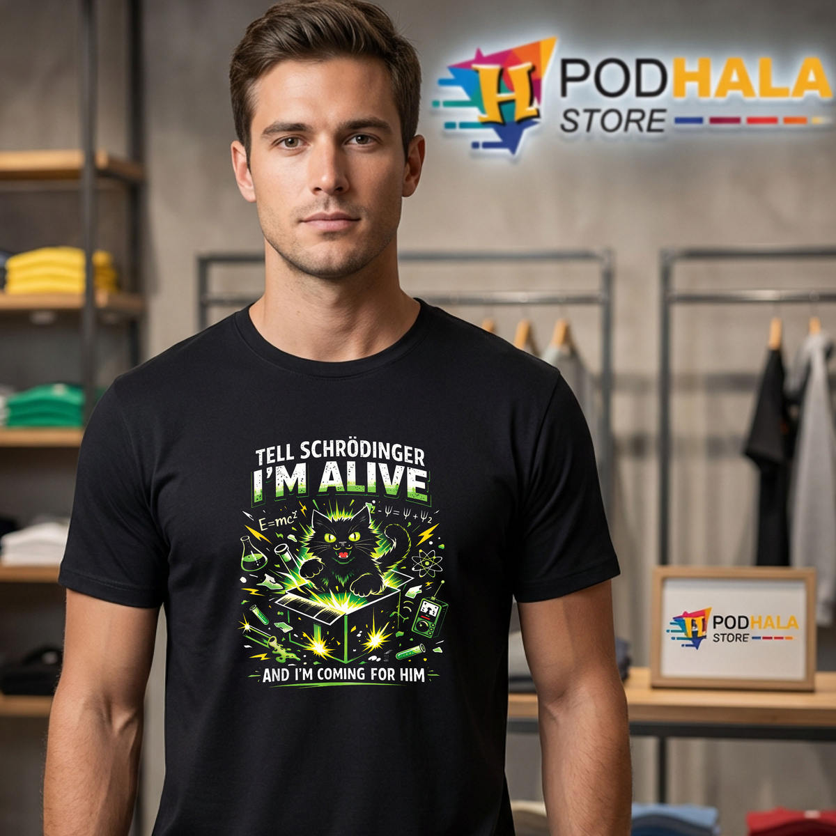 Tell Schrodinger Im Alive Funny Shirt 2026 Science Humor Black Cat Physics